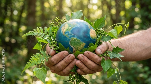 Environmental conservation concept with hands holding planet earth, green leaves surrounding world globe, sustainability and ecology in lush forest