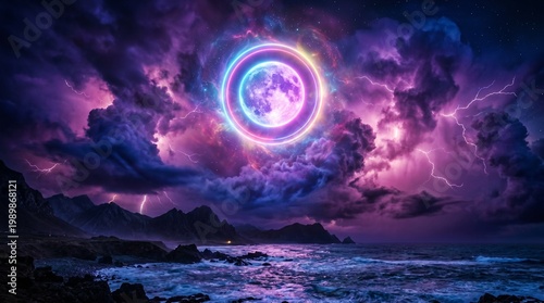 Surreal full moon with neon glowing rings, dramatic purple lightning storm over ocean waves, mystical night landscape with dark mountains