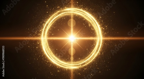Golden Glowing Energy Ring with Bright Central Star and Sparkling Particles
