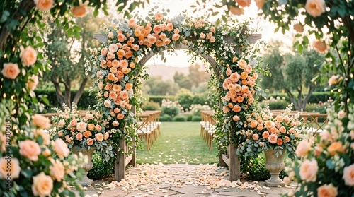 Elegant outdoor wedding arch with peach roses, romantic floral ceremony altar in garden setting, luxury wedding venue decoration with flowers