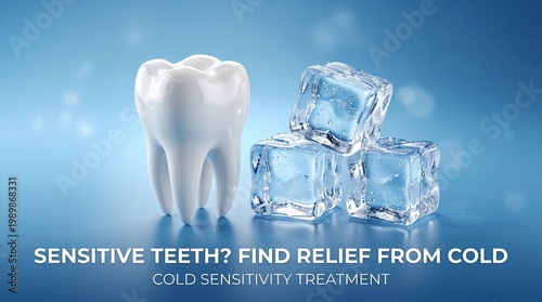 Sensitive teeth relief from cold treatment, white human tooth model with ice cubes, dental healthcare concept for tooth sensitivity