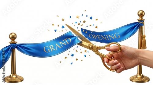 Grand opening ceremony with golden scissors cutting blue ribbon, ceremonial ribbon cutting event, luxury launch celebration with gold stanchions
