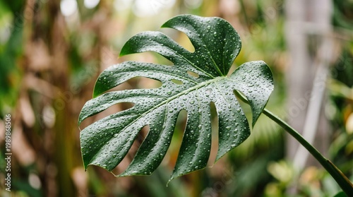 Monstera deliciosa leaf with water droplets, tropical swiss cheese plant foliage in rainforest, lush green botanical background for wellness design