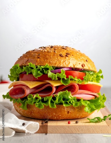 Mouthwatering ham sandwich with lettuce, cheese, tomato, onion on wood. Bright, fresh