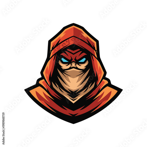 Cool Orange Hooded Mysterious Character With Blue Eyes Face Logo Design