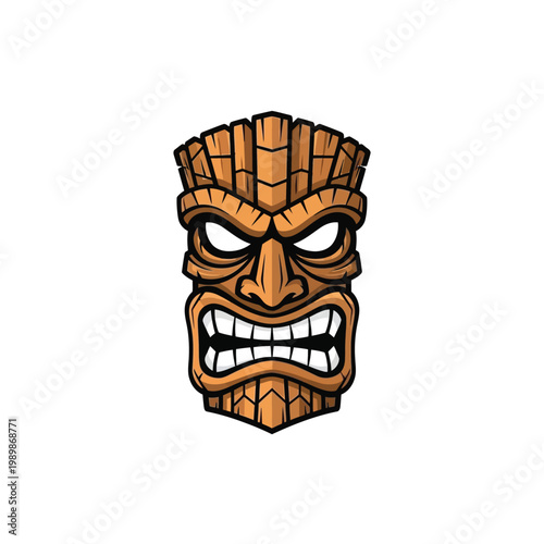 Wooden Tiki Mask with Fierce Expression, Polynesian Art Style, Tribal Culture Icon