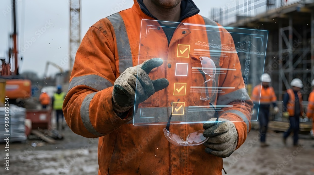 Fototapeta premium Professional construction technician interacting with a holographic checklist interface while working on a large scale urban infrastructure site.