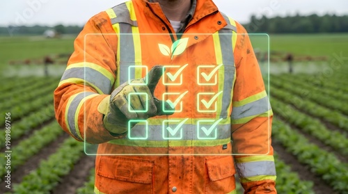 Agricultural specialist using a futuristic holographic interface to manage crop health and field inspection checklist in a modern farm setting.