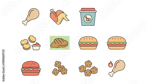 A colorful illustration of various fast food items on a white background