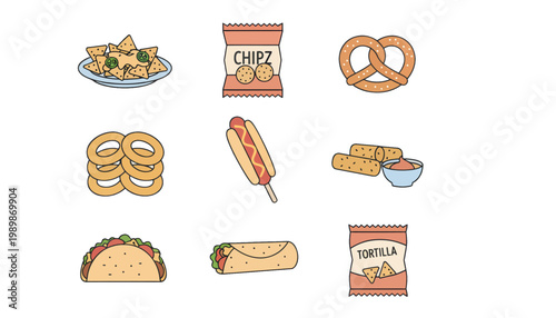A colorful illustration of various tasty fast food items on a white background