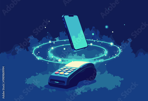 stylized graphic smartphone hovering over pointofsale terminal, connected perfect, glowing, magnetic ring light Contactless Synergy concept Dark blue neon green No text