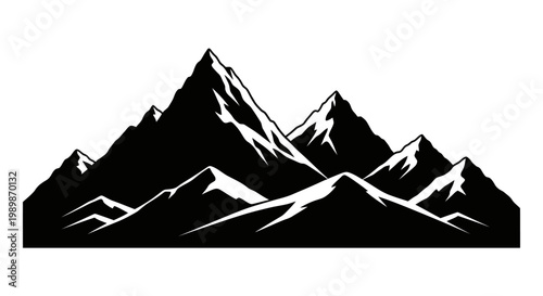 Dramatic black and white silhouette of jagged mountain peaks against a stark white background conveying ruggedness adventure and natural grandeur with sharp defined edges