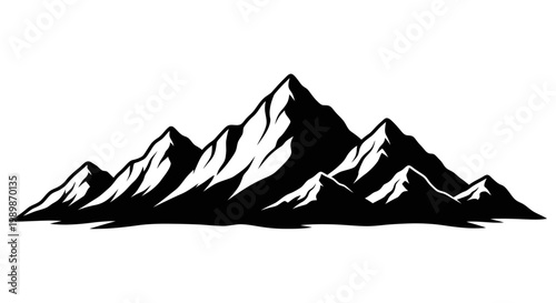 Majestic mountain range silhouette against a stark white background showcasing jagged peaks and deep valleys in a dramatic black and white graphic illustration evoking a sense