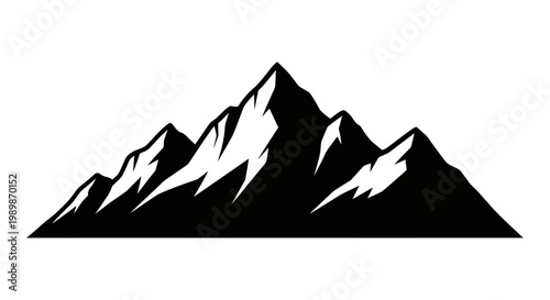 Stylized black and white mountain range silhouette against a clean white background representing adventure nature and exploration with sharp peaks and dramatic contours