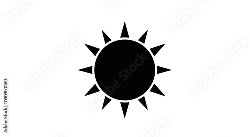 Simple black silhouette of a sun symbol with sharp triangular rays radiating outwards isolated on a clean white background representing daylight warmth and energy in a minimalist
