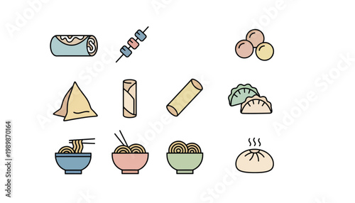 A colorful illustration of various Asian food items on a white background