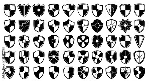 Collection of diverse black and white shield icons featuring various geometric patterns and shapes representing protection security and heraldry isolated on a white background