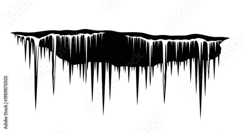 Sharp icicles hanging from a frozen ledge creating a jagged frosty edge with a stark black silhouette against a clean white background symbolizing winter cold and freezing