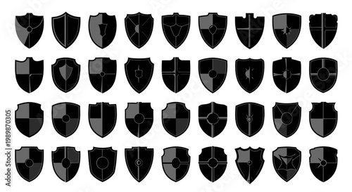 Collection of diverse black heraldic shield emblems with unique shapes and detailed borders presented on a clean white background representing protection security and identity