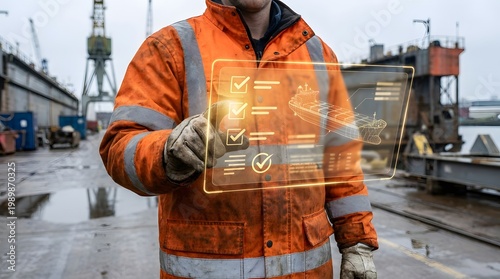 Marine engineer inspecting a large ship in a shipyard using a holographic interface to check vessel maintenance and structural integrity data points.