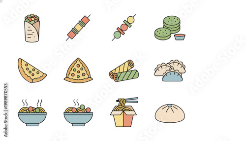 A colorful illustration of various international food items on a white background