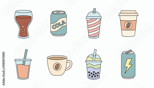 A colorful illustration of various drinks on a white background
