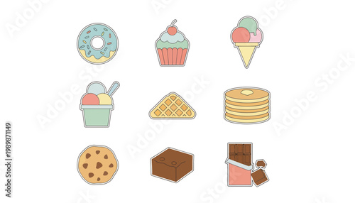 A colorful illustration of various sweet treats and desserts on a white background