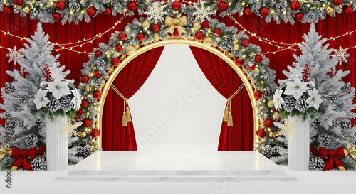 Christmas Stage Backdrop with Red Curtains and Decorations