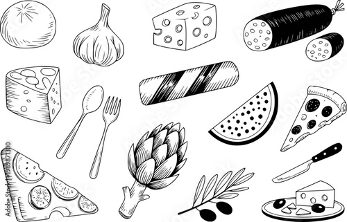 Hand-drawn collection of italian food ingredients and utensils white background cheese