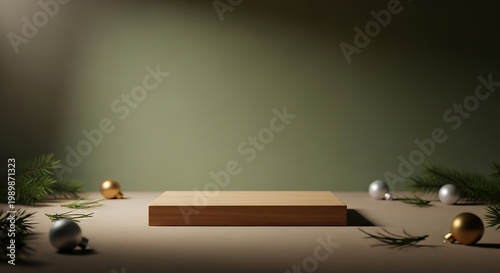 Wooden Podium with Christmas Ornaments and Pine Branches