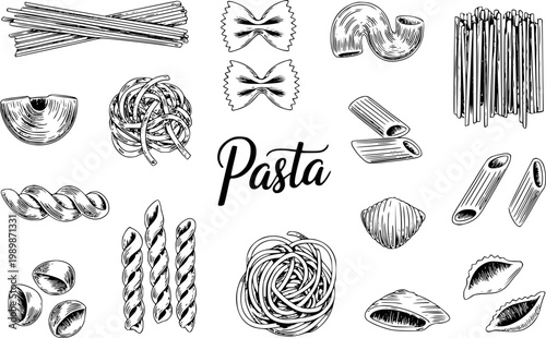 Hand-drawn collection of various italian pasta shapes and the word "pasta" white