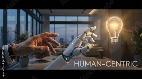 Human-centric innovation concept with a robot's hand touching a lightbulb in a modern office