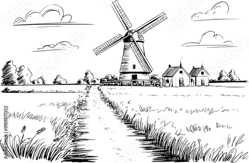 Hand-drawn of a dutch windmill with houses and fields under a cloudy sky rural landscape