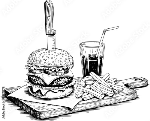 Hand-drawn of a hearty burger, fries, and soda a wooden board drink fast