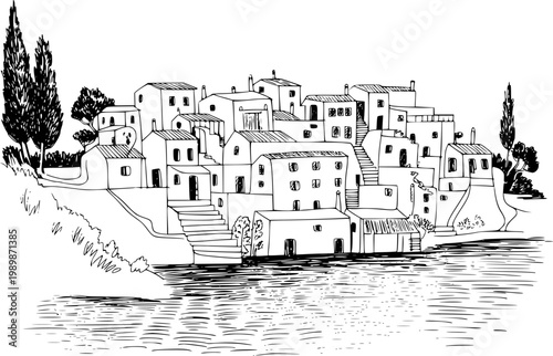 Hand-drawn of a mediterranean village with white buildings a hillside overlooking the sea