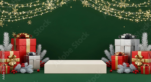 Christmas presents and decorations on green background