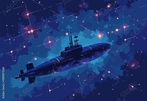 isometric graphic sleek digital submarine swimming quietly underneath massive, glowing geometric grid network VPN Stealth Browsing concept Deep ocean tech colors No text