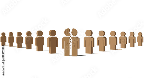 A central wooden human figure split vertically by a jagged crack stands prominently within a long row of identical intact wooden silhouettes on white.