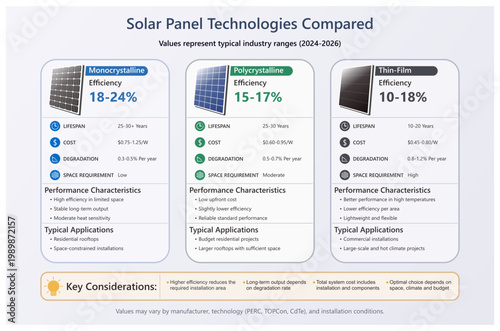 Foto Solar Panel Technology Comparison Infographic: Monocrystalline, Polycrystalline,