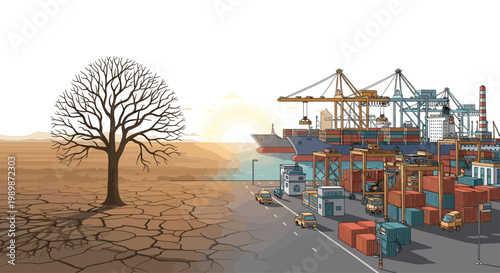 A massive leafless tree stands solitary on parched cracked earth adjacent to a vibrant industrial shipping harbor filled with colorful containers and cranes.