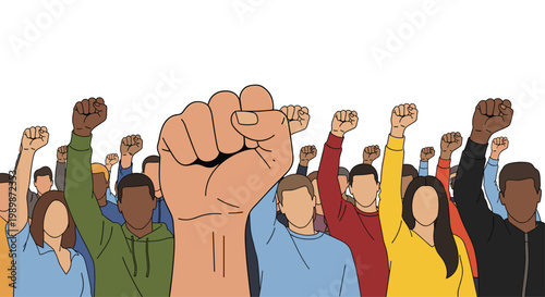 A diverse group of determined people from various backgrounds raise their clenched fists together in a powerful display of unity and collective social action.
