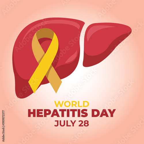 World hepatitis day illustration with liver and yellow awareness ribbon
