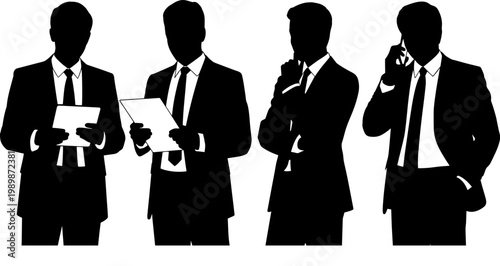 Silhouettes of business professionals holding documents and using mobile phone for corporate planning and financial analysis concept