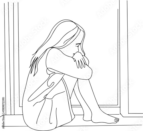 Emotional depiction of a young woman's isolation and deep sorrow as she sits pensively by a window, lost in quiet reflection