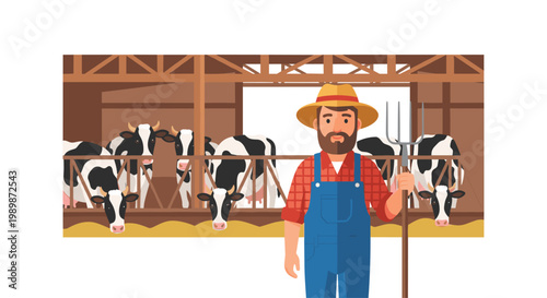 A smiling farmer holding a traditional pitchfork stands inside a rustic wooden barn while several black and white cows feed in their stalls behind him.