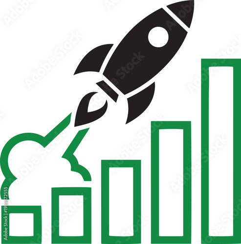 Rocketship Launching Over Rising Bar Chart Representing Rapid Business Growth