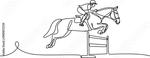 Continuous line drawing of man riding horse as they jump over a hurdle, depicting the dynamic action. one line Icon drawing