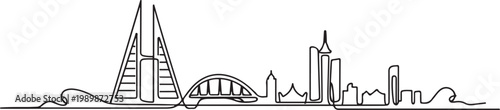 one line drawing city skyline of Bahrain theme, island nation concept with Manama landmarks bridge and towers. one line Icon drawing