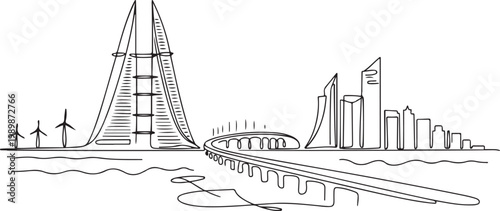 one line drawing city skyline of Bahrain theme, island nation concept with Manama landmarks bridge and towers. one line Icon drawing