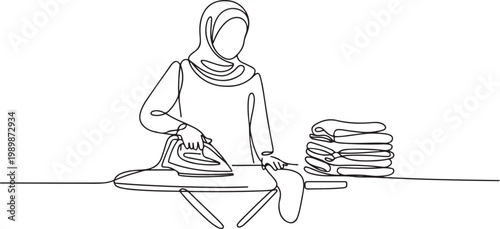 Continuous line illustration of a woman in hijab ironing clothes with folded laundry on the side. One line drawing style showing housework. one line Icon drawing